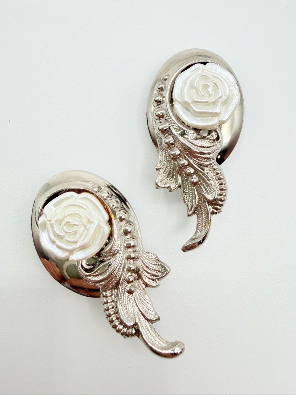 Vintage Silver Tone White Rose Clip-On Earrings Floral Scroll